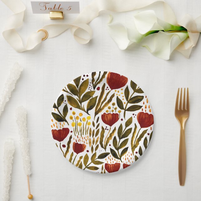 Burnt orange botanical floral illustration  paper plate (Wedding)