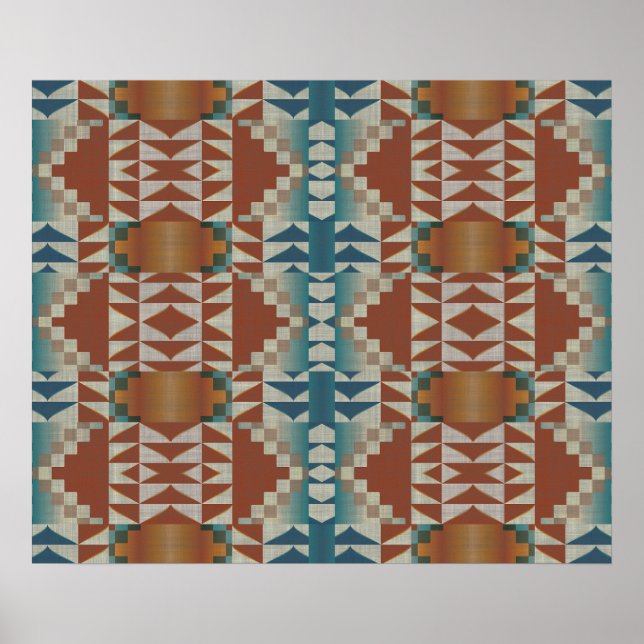 Burnt Orange Brown Teal Blue Ethnic Tribal Mosaic Poster (Front)