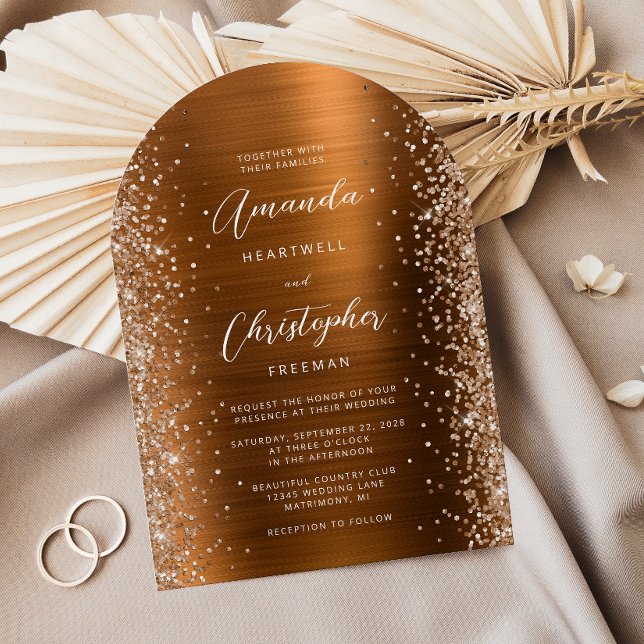 Burnt Orange Brushed Metal Glitter Arch Wedding Invitation (Creator Uploaded)