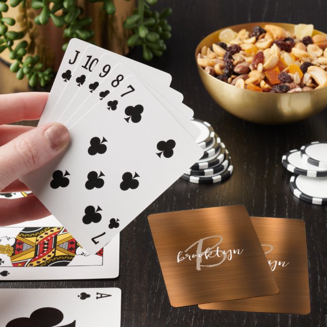 Burnt Orange Brushed Metal Script Monogram  Playing Cards (In Situ)