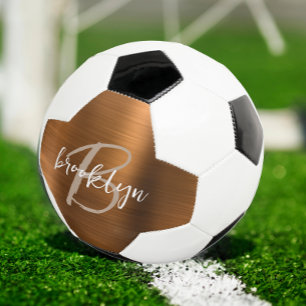 Burnt Orange Brushed Metal Tan Script Monogram Soccer Ball