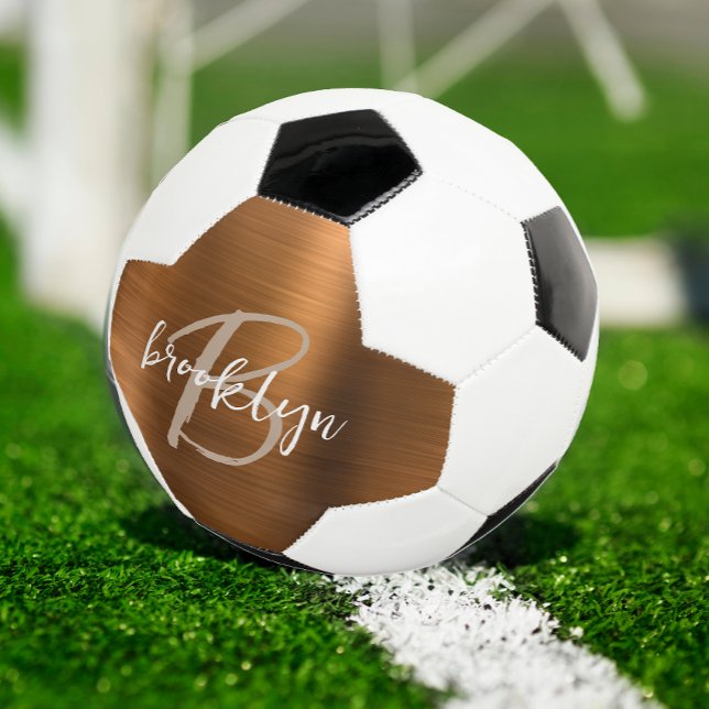 Burnt Orange Brushed Metal Tan Script Monogram  Soccer Ball (Creator Uploaded)