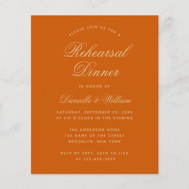 Burnt Orange Budget Rehearsal Dinner Invitation  (Front)