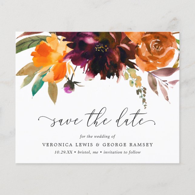 Burnt Orange Burgundy Budget Wedding Save the Date (Front)