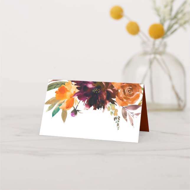 Burnt Orange Burgundy Fall Floral Rustic Wedding Place Card (Front)