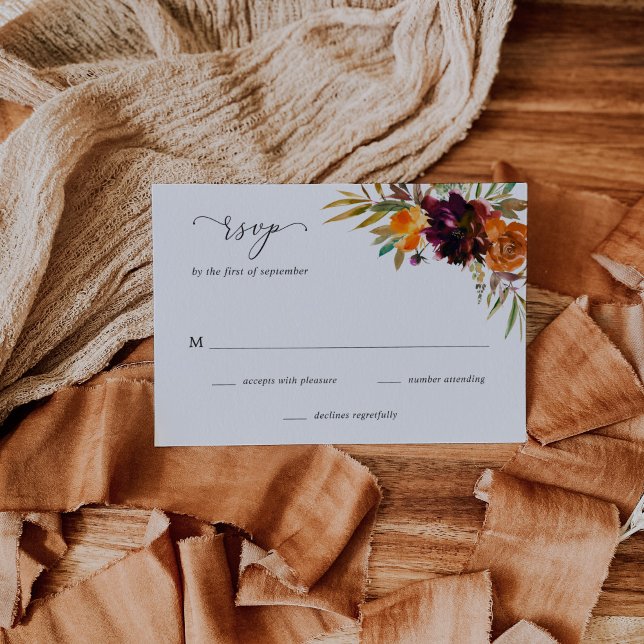 Burnt Orange Burgundy Fall Floral Rustic Wedding RSVP Card (Creator Uploaded)
