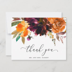 Burnt Orange Burgundy Fall Floral Rustic Wedding Thank You Card