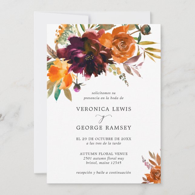 Burnt Orange Burgundy Fall Floral Spanish Wedding Invitation (Front)