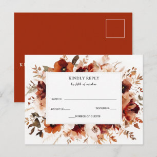 Burnt Orange Burgundy Fall Floral Wedding RSVP Postcard
