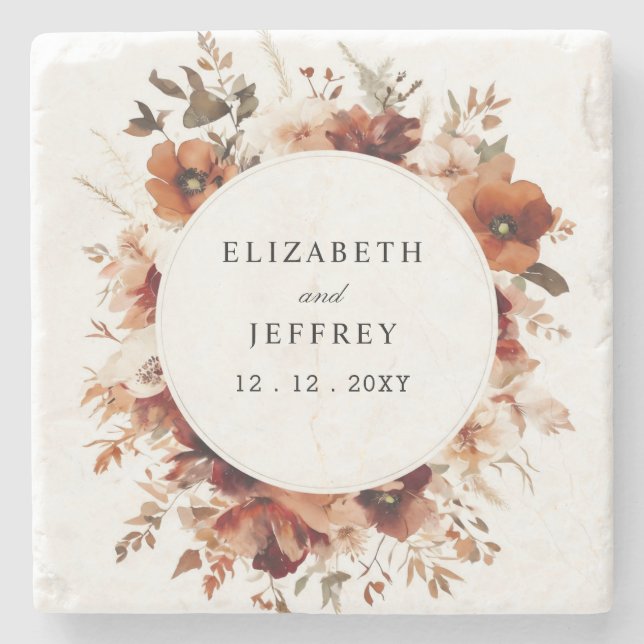 Burnt Orange Burgundy Fall Floral Wedding Stone Coaster (Front)