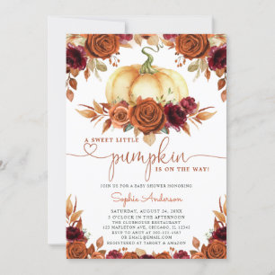 Burnt Orange Burgundy Floral Pumpkin Baby Shower Invitation