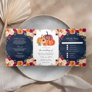 Burnt Orange Burgundy Floral Pumpkin Navy Wedding Tri-Fold Invitation
