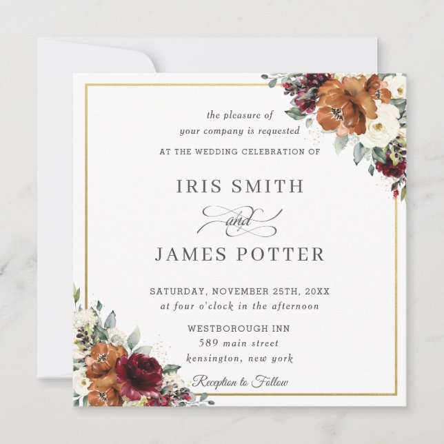 Burnt Orange Burgundy Ivory Floral Wedding Square Invitation (Front)