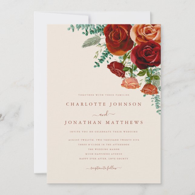 Burnt Orange Burgundy Roses Rustic Fall Wedding Invitation (Front)