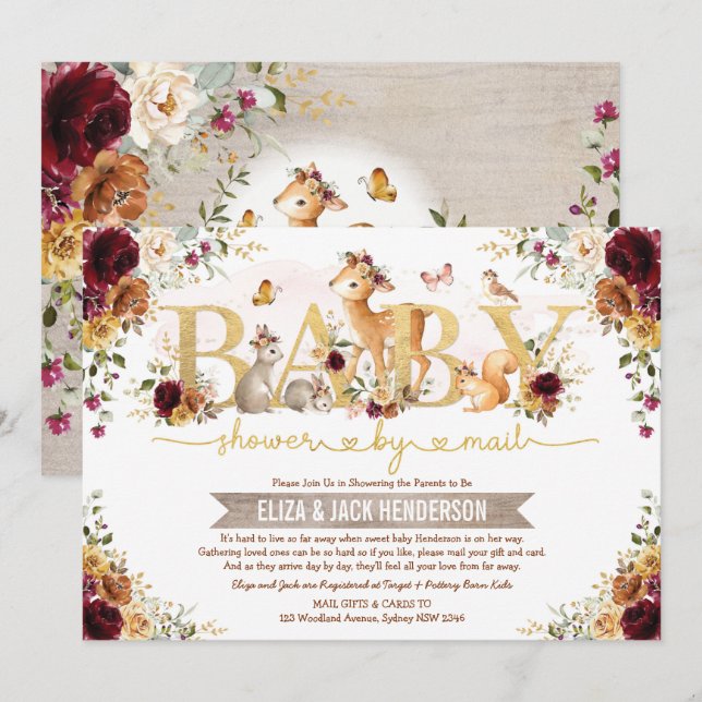 Burnt Orange Burgundy Woodland Baby Shower By Mail Invitation (Front/Back)