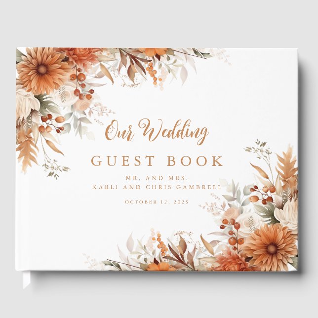 Burnt Orange Calligraphy Fall Floral Wedding  Guest Book (Front)