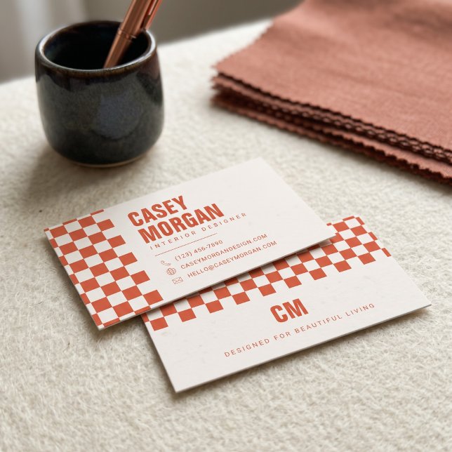 Burnt Orange Chequerboard Modern Business Card (Simulated business cards on table)