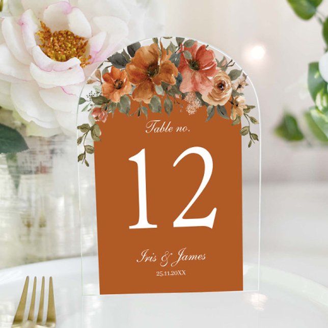 Burnt Orange Copper Floral Wedding Table Number (Creator Uploaded)