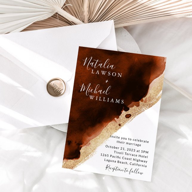Burnt Orange Copper & Gold Watercolor Wedding  Invitation (Creator Uploaded)