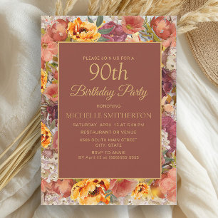 Burnt Orange Cream Rust Floral 90th Birthday  Invitation