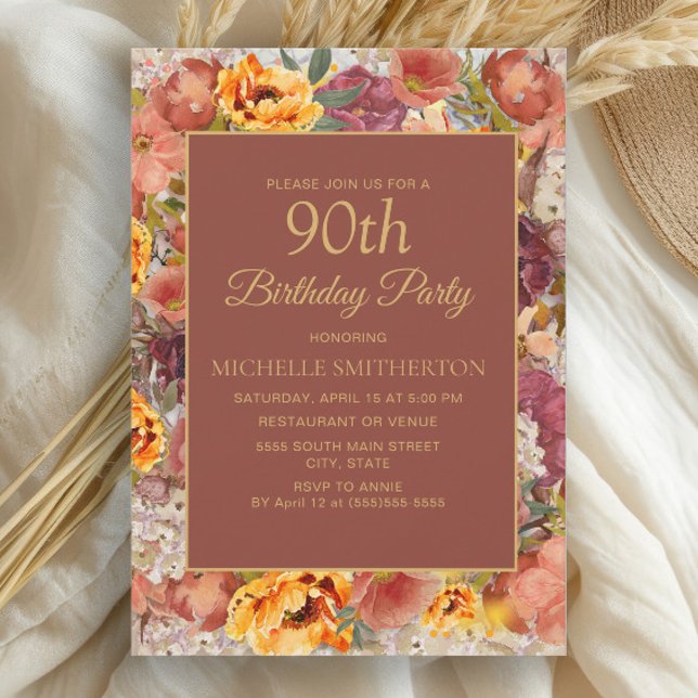 Burnt Orange Cream Rust Floral 90th Birthday  Invitation (Elegant burnt orange and rust watercolor floral fall-colored 90th birthday party invitation)