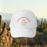 Burnt Orange Crest Family Camping Trip Trucker Hat<br><div class="desc">Family camping trip, personalised burnt orange camp crest white truckers hat. Personalise with your family name, the year of your camp trip and location. Perfect for the adventurous family as they embark on their happy campers trip or family reunion camping weekend. Order matching hats for the whole crew. Designed to...</div>
