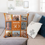 Burnt orange custom photo collage birthday cushion<br><div class="desc">A unique gift for a 21st birthday,  celebrating her life with a collage of 8 of your own photos,  pictures.  Personalise and add her name,  age and date. A burnt orange background colour,  white text.   The name is written with a modern hand lettered style script.</div>