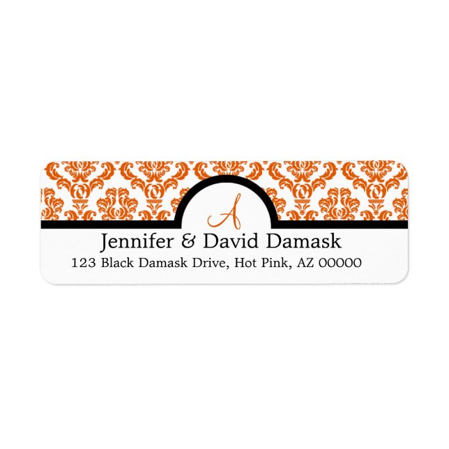 Burnt Orange Damask Wedding Monogram Labels (Front)