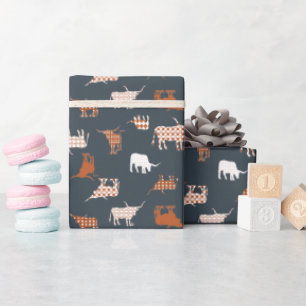 Burnt Orange & Dark Grey Patterned Longhorns Wrapping Paper