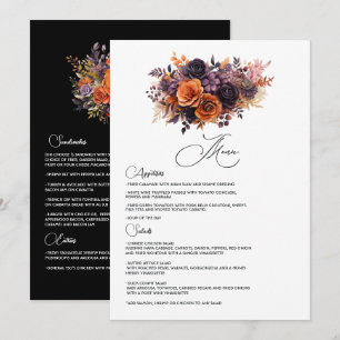 Burnt Orange, Dark Purple and Black Floral Wedding Menu