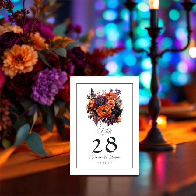 Burnt Orange, Dark Purple & Black Floral Wedding Table Number (Burnt Orange, Dark Purple & Black Floral Wedding Table Number)