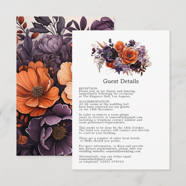 Burnt Orange, Dark Purple & Black Wedding Details Enclosure Card (Front/Back)