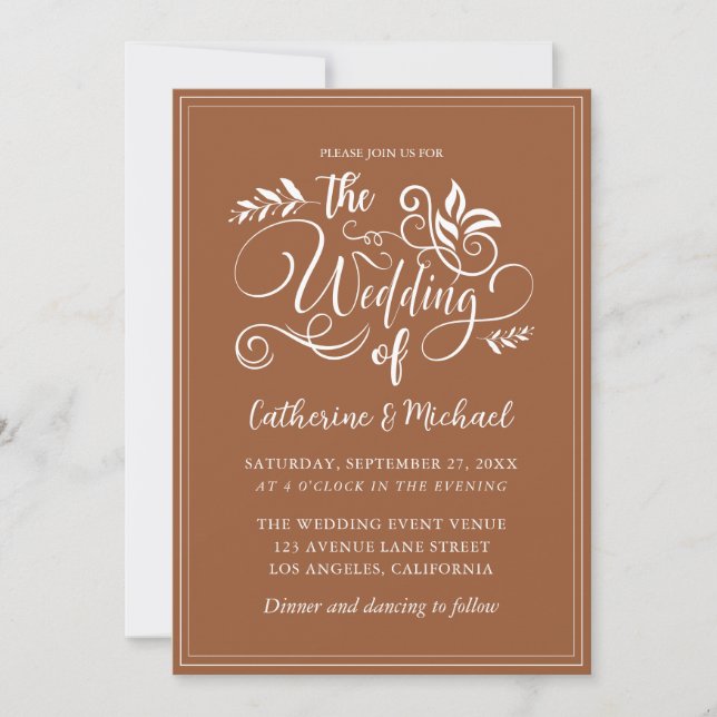 Burnt Orange Decorative Wedding Calligraphy  Invitation (Front)