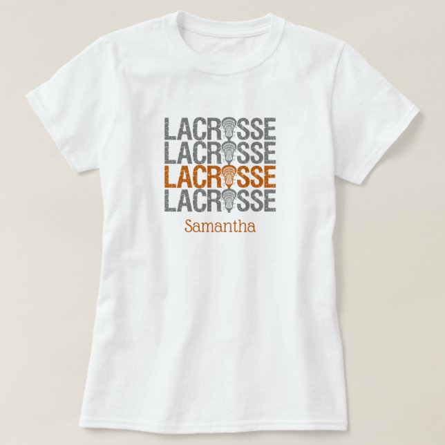 Burnt Orange Distressed Lacrosse Word T-Shirt (Design Front)