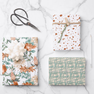 Burnt Orange Dots Floral Green Weave Pattern Wrapping Paper Sheet