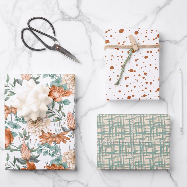 Burnt Orange Dots Floral Green Weave Pattern Wrapping Paper Sheet (Front)
