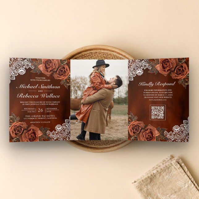 Burnt Orange Dusty Terracotta Rose QR Code Wedding Tri-Fold Invitation (Creator Uploaded)