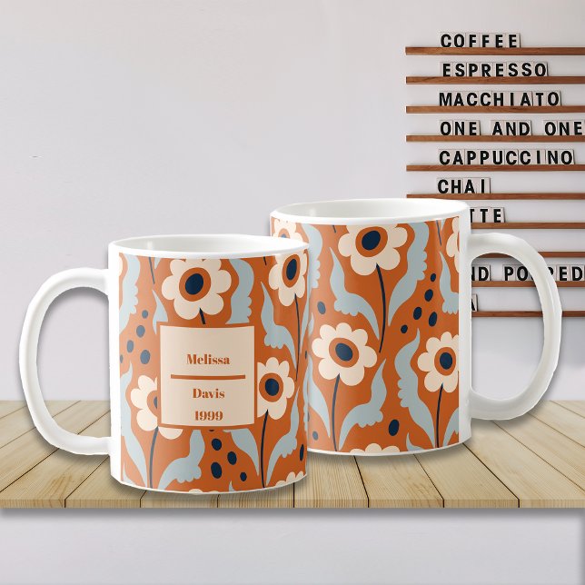 Burnt Orange Egg Flowers Custom Name Coffee Mug (Creator Uploaded)