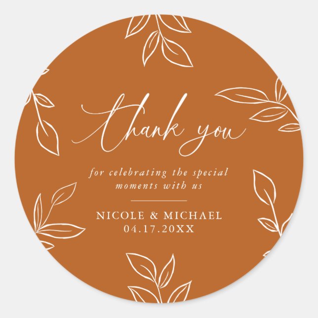 Burnt Orange Elegant Leaves Wedding Thank You Classic Round Sticker (Front)
