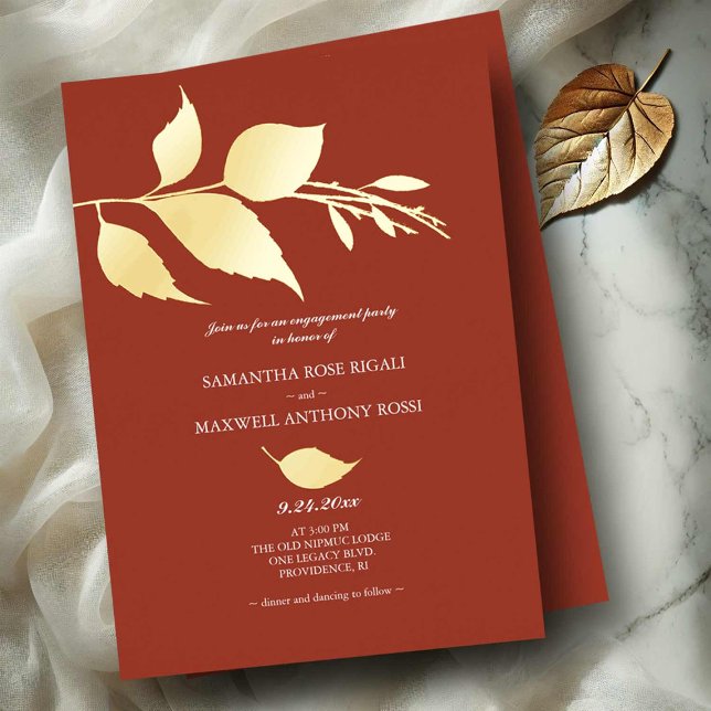 Burnt Orange Engagement Party (Engagement party invitations orange with gold foil leaves)