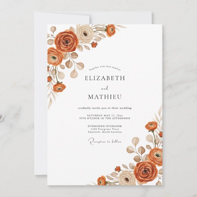 Burnt Orange Ethereal Floral Wedding Invitation (Front)
