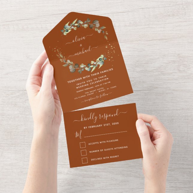 Burnt Orange Eucalyptus Greenery Wedding Elegant All In One Invitation (Tearaway)