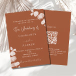 Burnt orange eucalyptus QR code details wedding Invitation<br><div class="desc">Dark burnt orange background,  decorated with eucalyptus stems,  sprigs.  Personalise and and add your names and the details.
Back: dark burnt orange background.  Add your wedding website url to the QR code for your guests to scan for more details/RSVP</div>