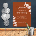 Burnt orange eucalyptus wedding program timeline poster<br><div class="desc">Dark burnt orange background,  decorated with eucalyptus stems,  sprigs.  Personalise and add your names and the details.</div>