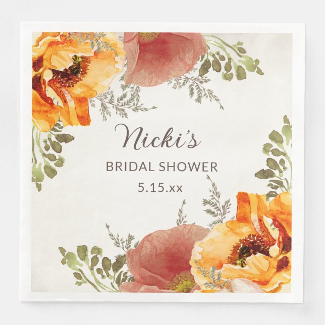 Burnt Orange Fall Autumn Floral Bridal Shower Name Napkin (Front)