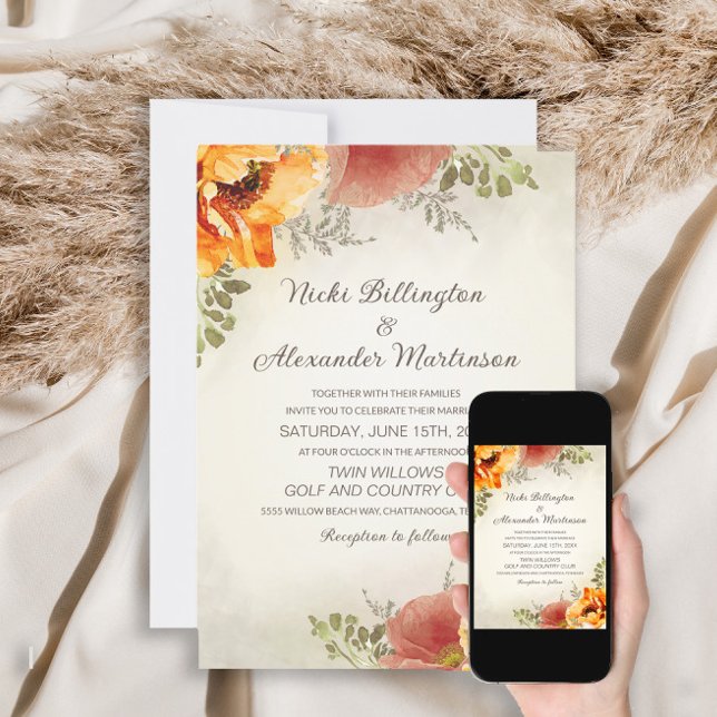 Burnt Orange Fall Autumn Floral Greenery Wedding Invitation (Creator Uploaded)