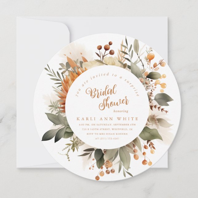 Burnt Orange Fall Floral Surprise Bridal Shower Invitation (Front)