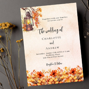 Burnt orange fall florals boho luxury wedding invitation