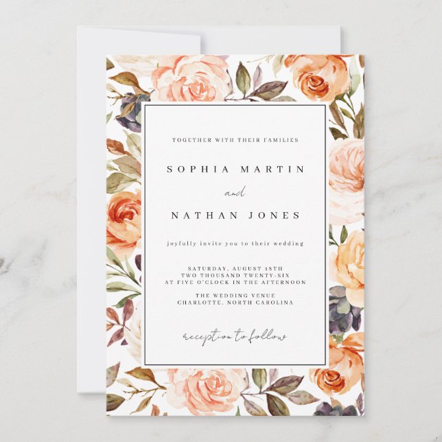 Burnt Orange Fall Watercolor Floral Wedding Invitation (Front)