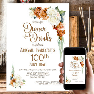 Burnt Orange Floral 100th Birthday Dinner Party Invitation